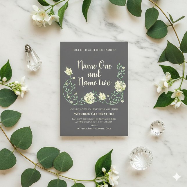 Jugendstil dunkle Blumen Einladung zur Hochzeit (Dark art nouveau and cream flowers wedding invitation.)