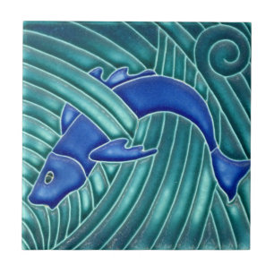 Jugendstil - Einzelner blauer Fisch Fliese