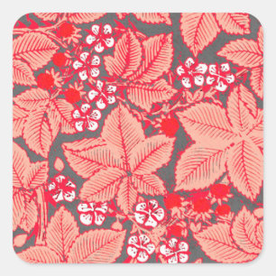 Jugendstil-Erdbeeren und Blätter, Korallenorange Quadratischer Aufkleber