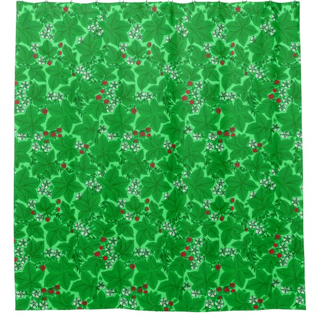 Jugendstil-Erdbeeren und Blätter, Limettengrün Duschvorhang (Vorderseite)