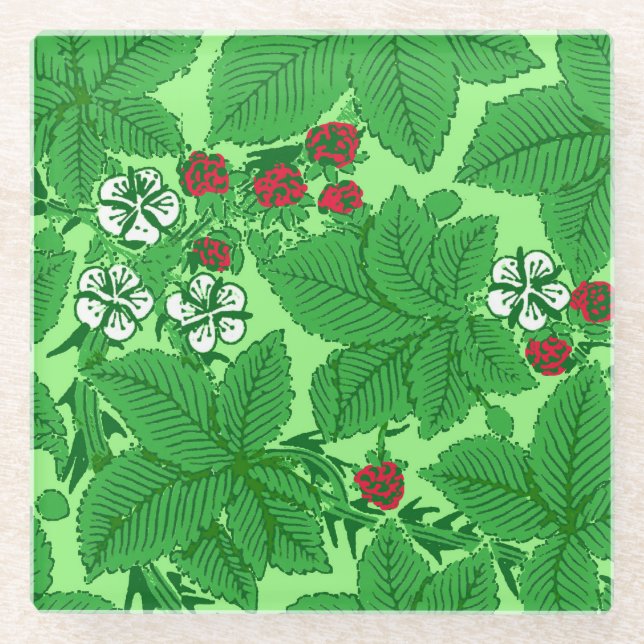 Jugendstil-Erdbeeren und Blätter, Limettengrün Glasuntersetzer (Vorderseite)