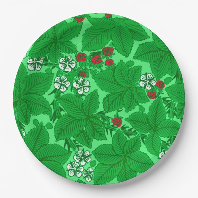 Jugendstil-Erdbeeren und Blätter, Limettengrün Pappteller (Vorderseite)
