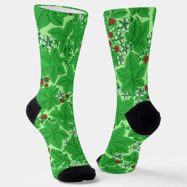 Jugendstil-Erdbeeren und Blätter, Limettengrün Socken (Gewinkelt)