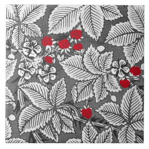 Jugendstil-Erdbeeren und Blätter, Silbergrau Fliese