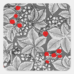 Jugendstil Erdbeeren und Blätter, Silbergrau Quadratischer Aufkleber