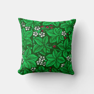 Jugendstil-Erdbeeren und Blätter, Smaragdgrün Kissen