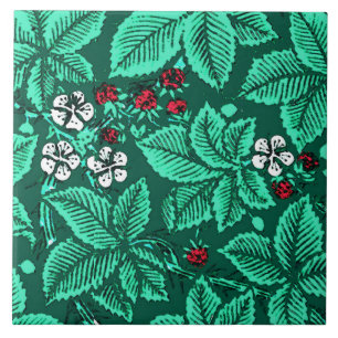 Jugendstil-Erdbeeren und Blätter, Türkis Fliese