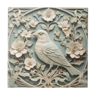 Jugendstil Faux-Relief-Vogel-Blüten-Mint Fliese