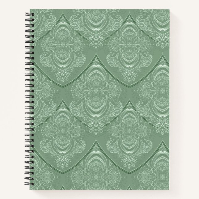 Jugendstil-Feder-Muster in Grün Notizbuch (Vorderseite)
