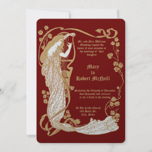 Jugendstil-Frau & Harp in Rose Hochzeit Einladung