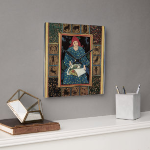 Jugendstil, Frau liest Astrologie-Buch Quadratische Wanduhr