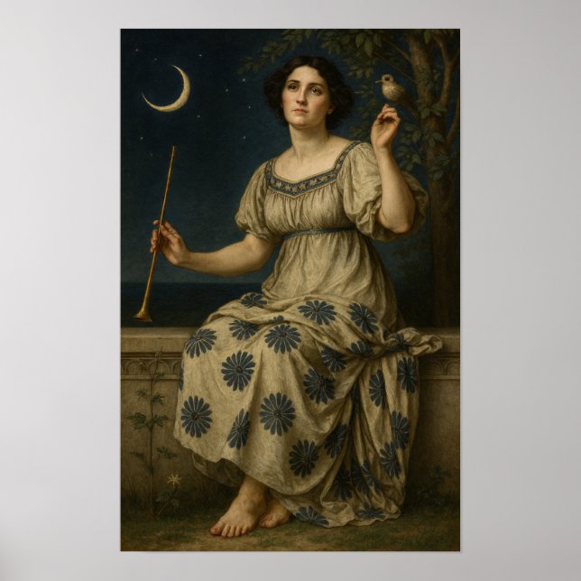 Jugendstil-Frau mit Klarinette und Halbmond Poster (Vorne)