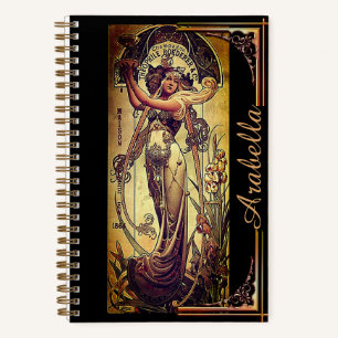 Jugendstil Frau Werbung Scharniere schwarzes Gold Notizbuch