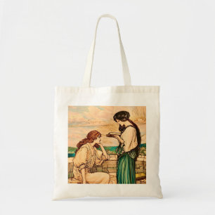 Jugendstil-Frauen beim Lesen am Meer  Tragetasche