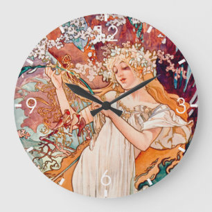 Jugendstil Frühling von Alphonse Mucha Große Wanduhr
