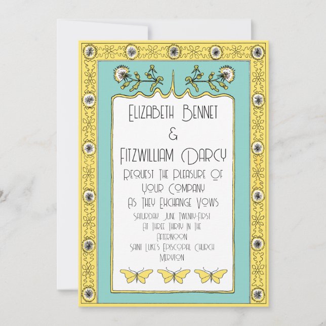 Jugendstil-Frühlingsleuchten und Schmetterlinge Einladung (Vorderseite)