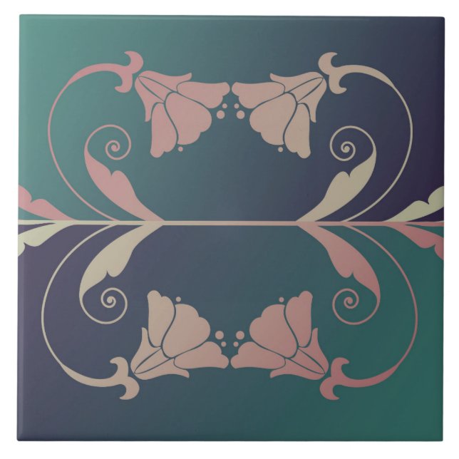 Jugendstil-Fuschia-Blume Rosa-Grün Fliese (Vorderseite)