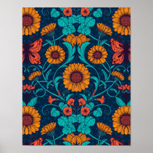 Jugendstil-Gänseblümchen in Blau und Gelb Poster