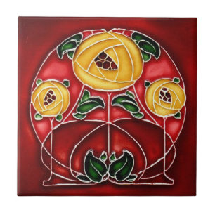 Jugendstil Gelb und Rot-Keramik Fliese