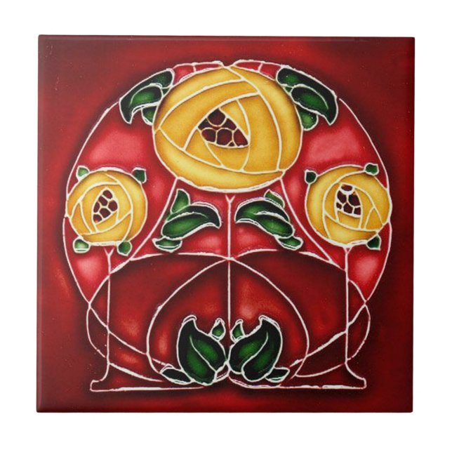 Jugendstil Gelb und Rot-Keramik Fliese (Vorderseite)