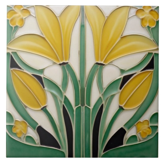 Jugendstil-Gelbe Tulip-Blume Fliese (Vorderseite)