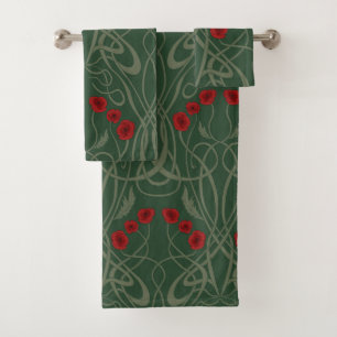 Jugendstil Geometrische Mohnblumen und geschwungen Badhandtuch Set