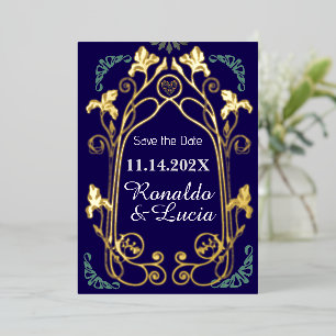 Jugendstil Gold Blau Botanisch Aufgebot Aufschub Folieneinladung