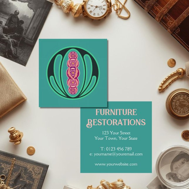 Jugendstil Grün Creme Quadratische Visitenkarte (Art nouveau business card perfect for an antique dealer, furniture restoration, interior designer.)