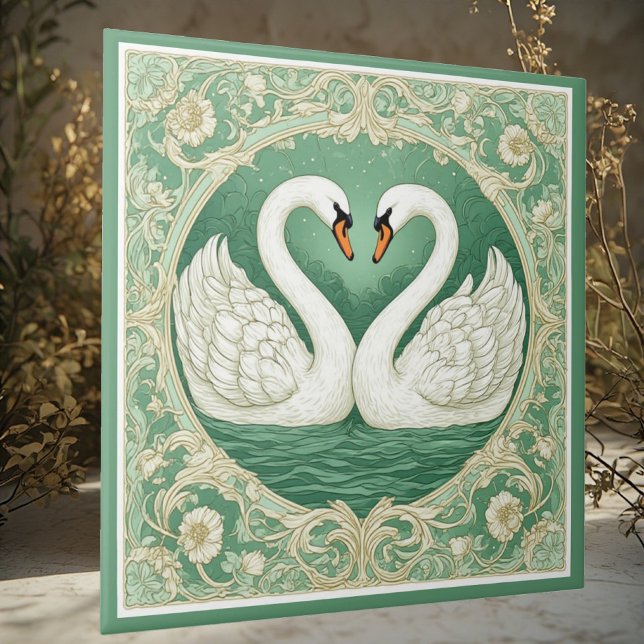 Jugendstil Grüne Schwan-Paare Seerosen-Motive Fliese (Art Nouveau Green Swan Couple Lake Floral Motifs Ceramic Tile)