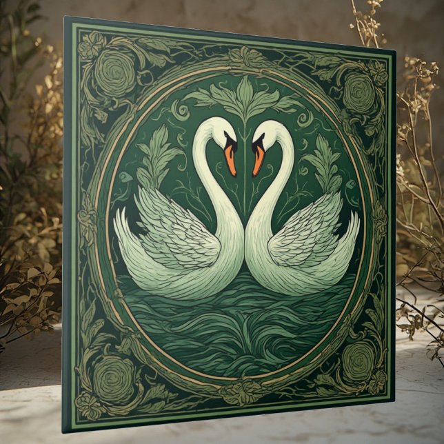 Jugendstil Grüner Schwan Liebende Paare Ätherische Fliese (Art Nouveau Green Swan Lover Couples Ethereal Lake Ceramic Tile)