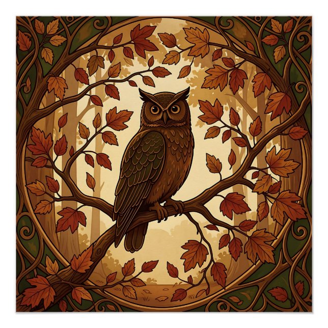 Jugendstil Herbst Eule Wald  Poster (Vorderseite)