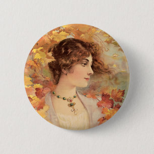 Jugendstil Herbst Frau Goldenes Blatt Druck Button