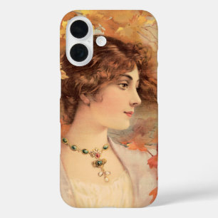 Jugendstil Herbst Frau Goldenes Blatt Druck iPhone 16 Hülle