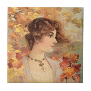 Jugendstil Herbst Frau Goldenes Blatt Druck Fliese