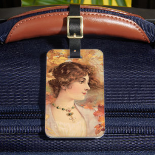 Jugendstil Herbst Frau Goldenes Blatt Druck Gepäckanhänger
