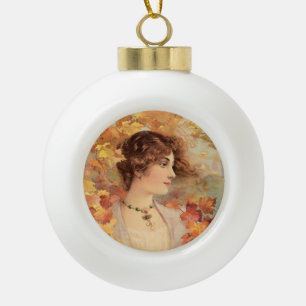 Jugendstil Herbst Frau Goldenes Blatt Druck Keramik Kugel-Ornament