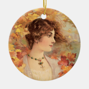 Jugendstil Herbst Frau Goldenes Blatt Druck Keramik Ornament