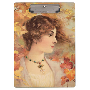 Jugendstil Herbst Frau Goldenes Blatt Druck Klemmbrett