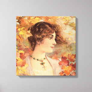 Jugendstil Herbst Frau Goldenes Blatt Druck Leinwanddruck