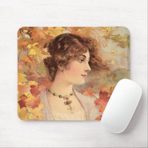 Jugendstil Herbst Frau Goldenes Blatt Druck Mousepad