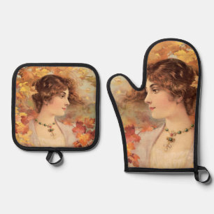 Jugendstil Herbst Frau Goldenes Blatt Druck Ofenhandschuh & Topflappen-Set