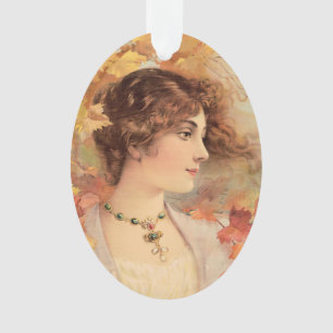 Jugendstil Herbst Frau Goldenes Blatt Druck Ornament