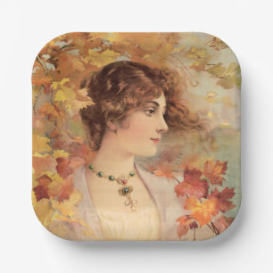 Jugendstil Herbst Frau Goldenes Blatt Druck Pappteller