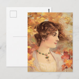 Jugendstil Herbst Frau Goldenes Blatt Druck Postkarte
