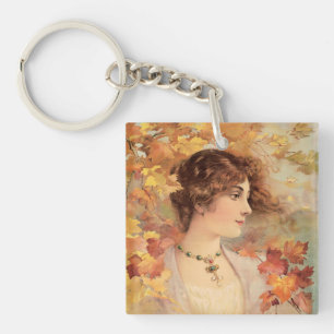 Jugendstil Herbst Frau Goldenes Blatt Druck Schlüsselanhänger