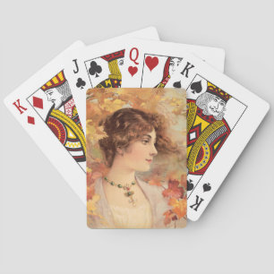 Jugendstil Herbst Frau Goldenes Blatt Druck Spielkarten