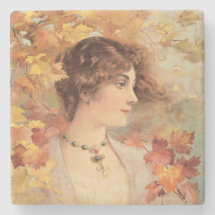 Jugendstil Herbst Frau Goldenes Blatt Druck Steinuntersetzer
