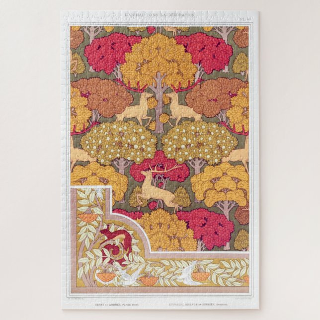 Jugendstil Herbstbäume und Hirsche Verneuil Puzzle (Vertikal)