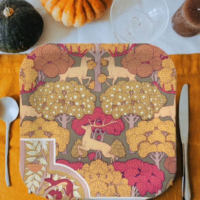Jugendstil-Herbstbäume und Hirsche Vintager Fall Pappteller (Von Creator hochgeladen)