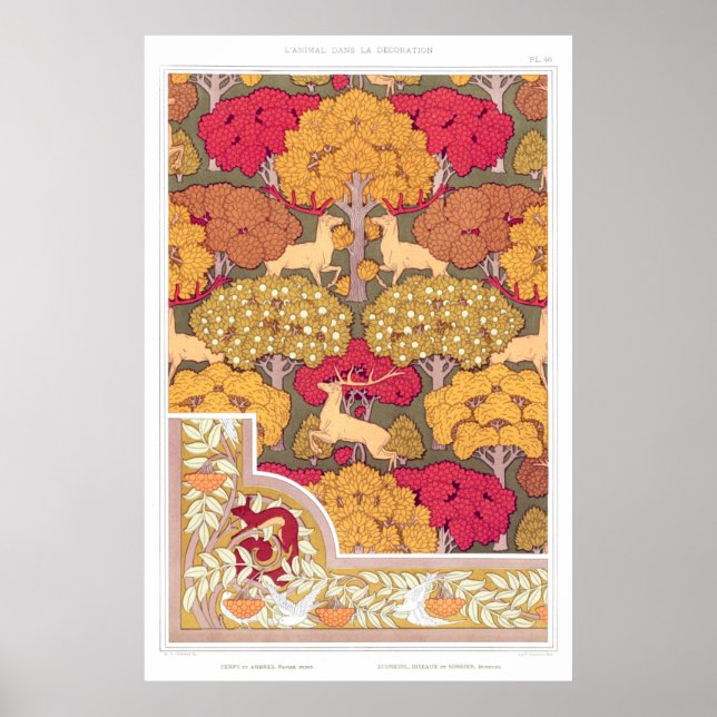 Jugendstil-Herbstbäume und Hirsche Vintager Fall Poster (Vorne)